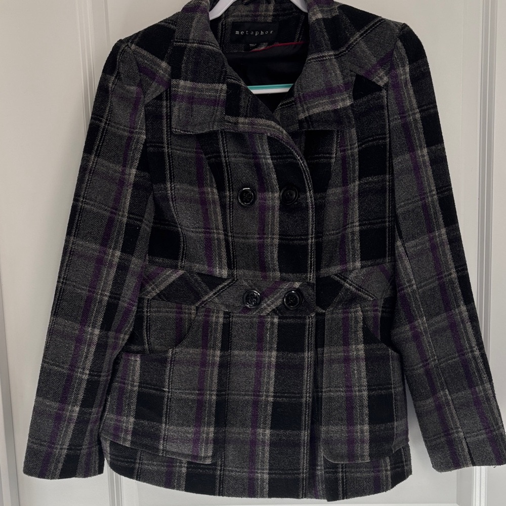 Metaphor Women's Plaid Pea Coat - Black and Purple